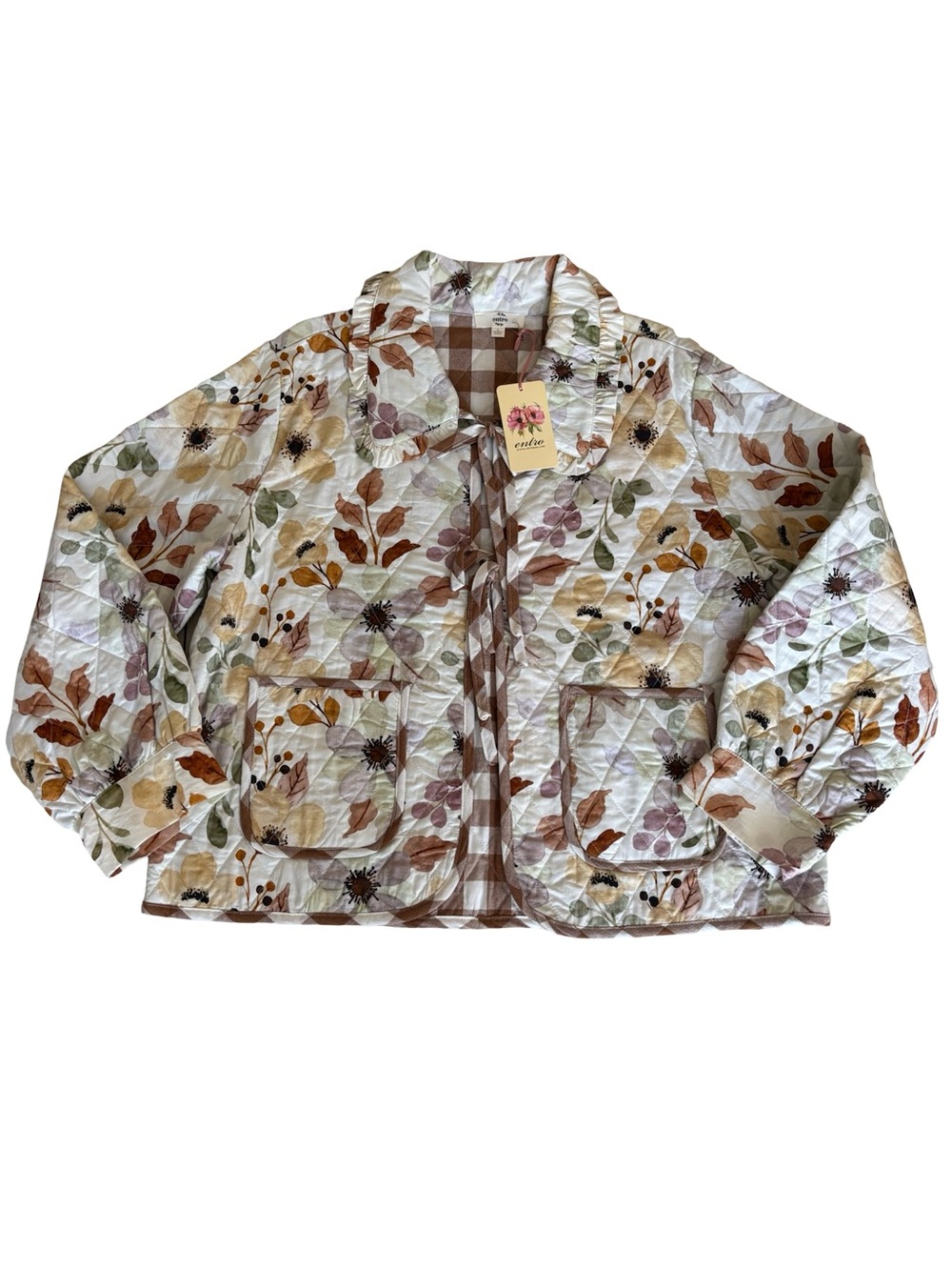 Entro Torin Quilted Jacket Brown Gingham Floral Leaf Pattern Fall Large NWT